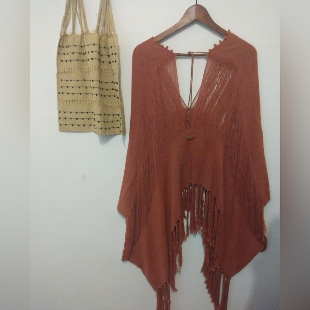Fringed Rust Poncho Top